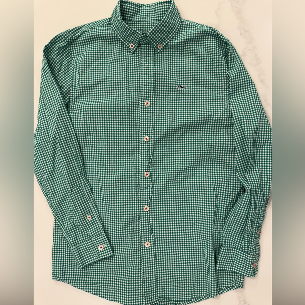 Vineyard Vines Boys’ Green Checkered Whale Shirt